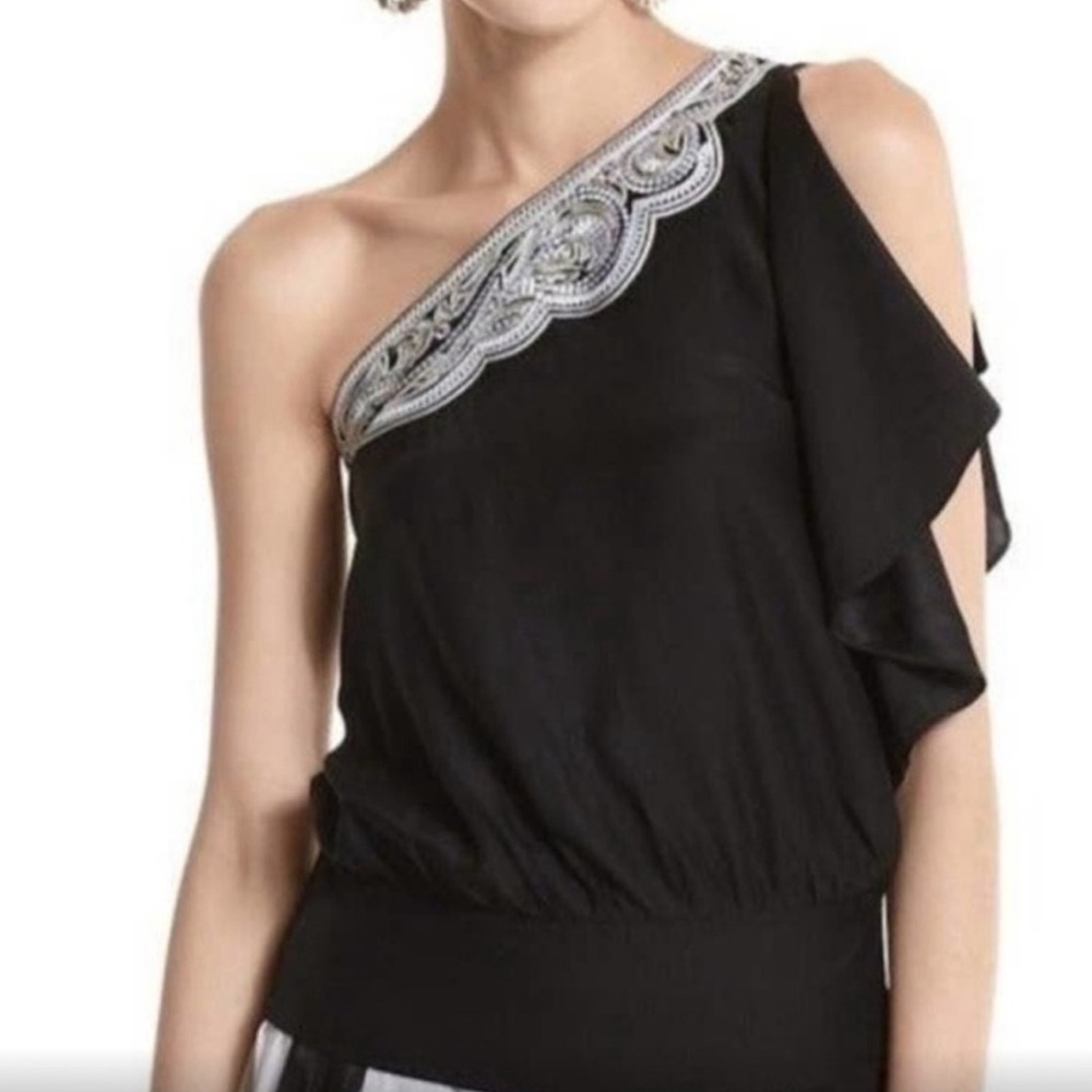 WHBM one-shoulder embroidered silk top